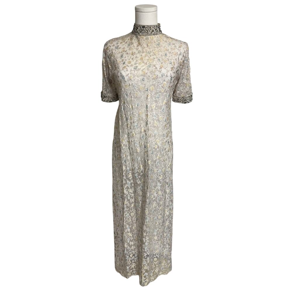 Floral Lace Beaded Trim Short Sleeve‎ Sheer Long Dress Top Slits Elegant Bridal